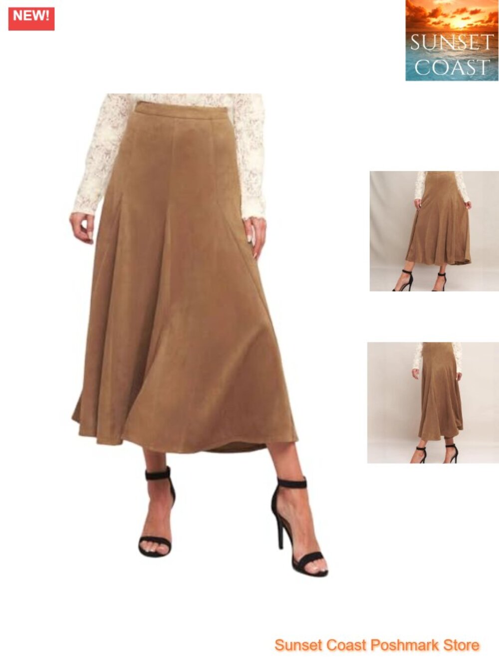 Faux Suede Midi Skirt High Waisted A-Line Flared Fall Winter